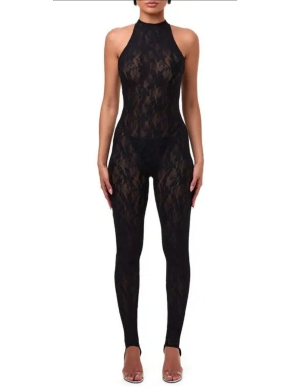 Naked Wardrobe Black Lace Racerback Stirup Jumpsuit High Neck Size M NWT